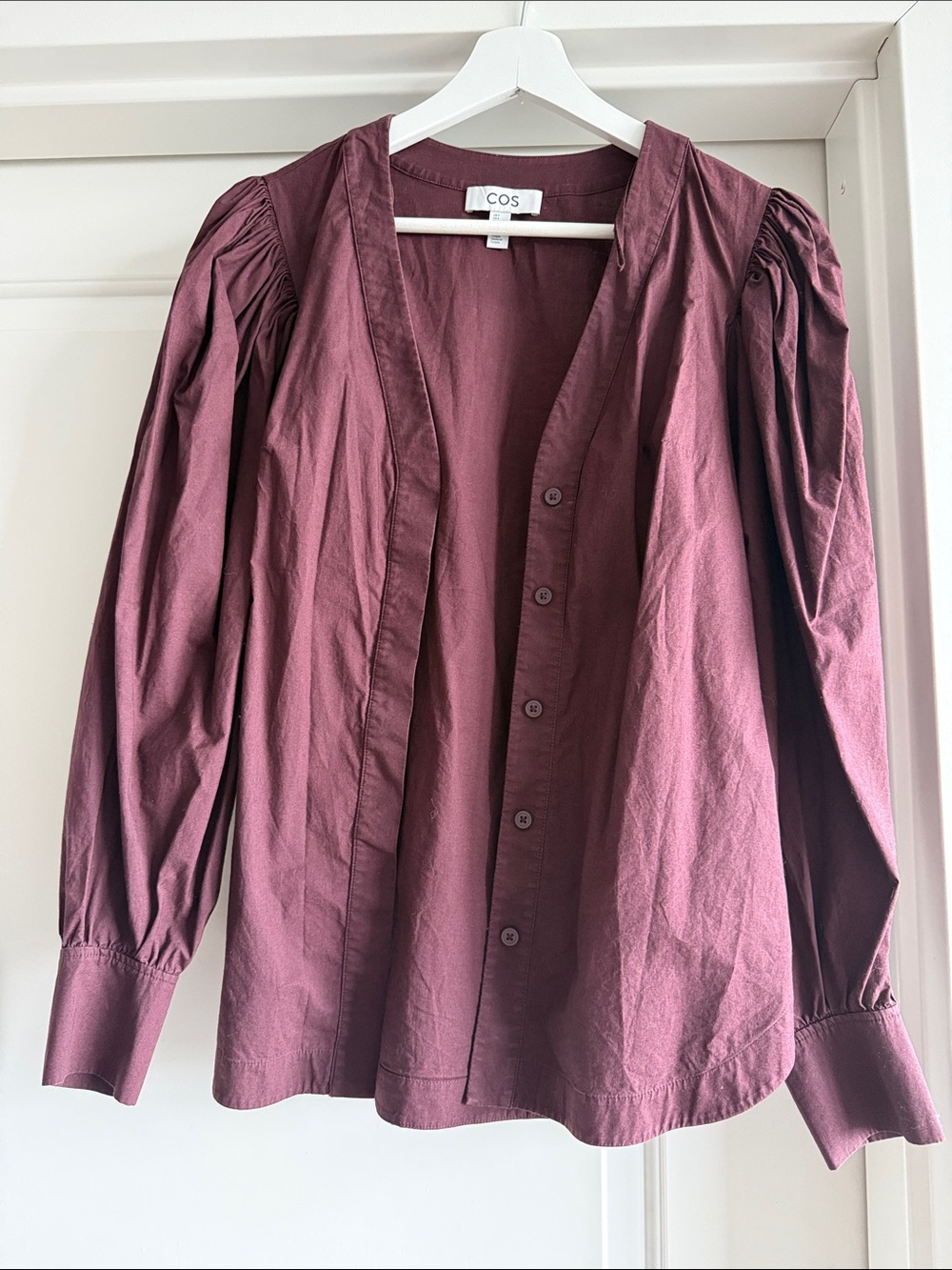 COS Button-Front Puff Sleeve Top in Burgundy
